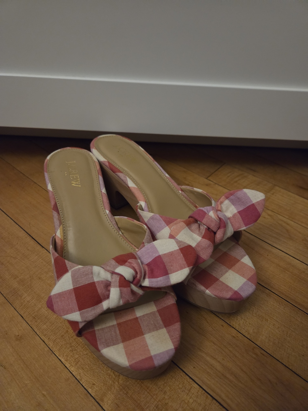 J. Crew Pink and Cream Gingham Knot Mules